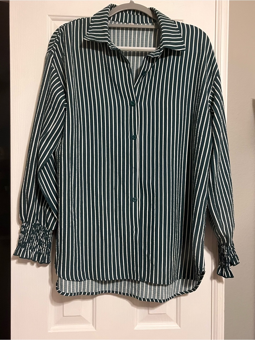 Striped Button-Up Blouse in Forest Green and White - Picture 1 of 4